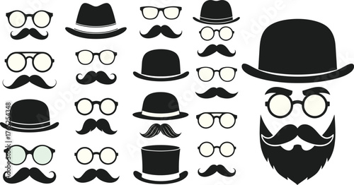 Gentlemen's Accessories Collection: A Vintage Fashion Set for Creative Projects, Featuring Iconic Hats, Moustaches and Glasses for Barbershops, Themed Parties, and Retro-Inspired Branding. Ideal for I