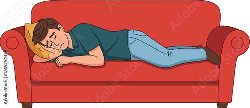 Man Asleep on Red Sofa: Cartoon Character Resting Peacefully on Couch at Home After Work, Illustrative Relaxation Depiction, Stress Relief Concept for Mental Health, Lifestyle, and Leisure Projects; A