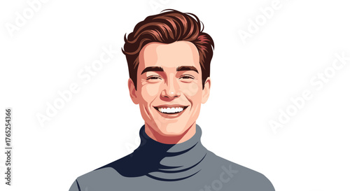 Cheerful Young Man Smiling Portrait, Expressing Positivity in a Modern Business Setting, Ideal for Corporate Communications, Marketing, Advertising, and Website Visuals, Featuring Clean Lines, Vector