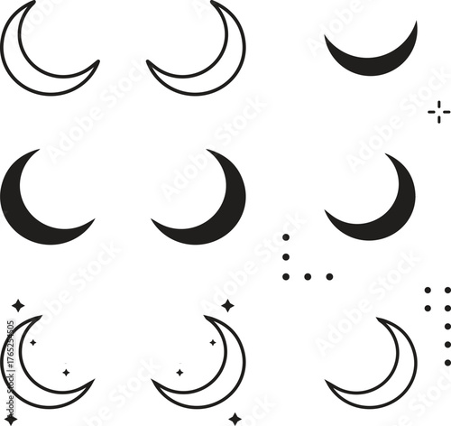 Magic moon set. Vector lunar collection with moons, stars, sunbursts. Graphic elements for astrology, esoteric, tarot, mystic and magic prints, posters, banners, pattern or backgrounds.