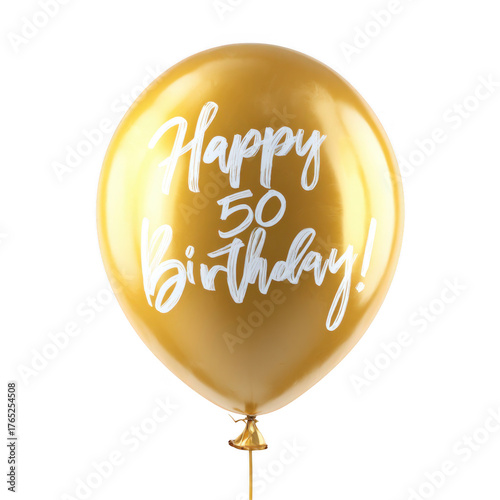 Shiny golden balloon with happy 50th birthday message celebration decoration isolated on transparent background