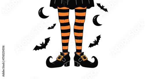 Whimsical Witch Legs Dancing Among Crescent Moons and Bats for a Halloween Spooktacular, Perfect for Party Invitations, Festive Greetings, Seasonal Decor, Stylish Illustrations, and Spooky Celebration