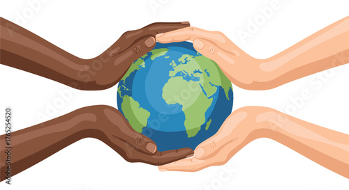 Diverse Hands Protecting the Earth - Global Unity and Environmental Conservation Illustration in a Digital Style, Ideal for Social Issues, Sustainability, Education, and International Business Present