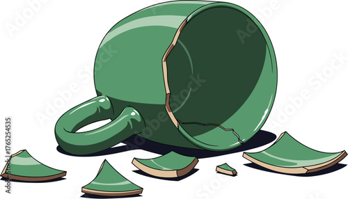 Broken Ceramic Mug Lying on Side with Shattered Pieces in Disarray on a White Surface Suggesting Accident or Mishap in Home Setting, Loss, Failure, and Destruction for Use in Presentations, Websites a