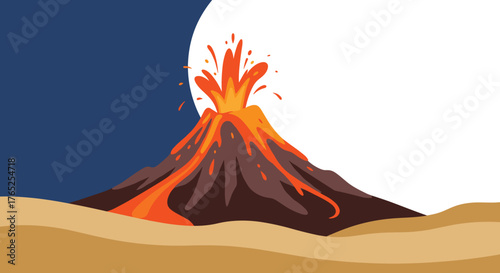 Erupting Volcano Spewing Lava Against Stark Night and Day Sky, a Dramatic Geologic Event for Science Education, Environmental Studies, and Natural Disaster Awareness,  Captured in a Modern Vector Illu