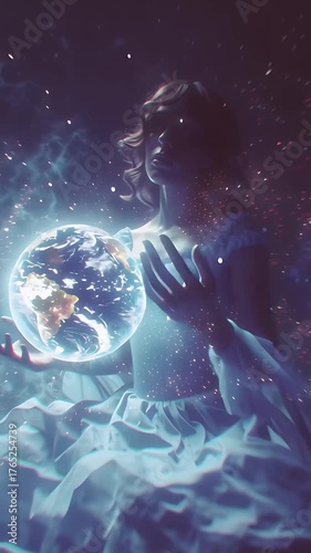 Mystical Woman Holding Glowing Earth in Cosmic Atmosphere