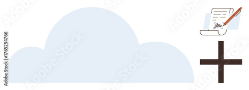Blue cloud and plus sign connecting to a signed document and pen. Ideal for cloud computing, document management, contract signing, digital workflows, online collaboration, cybersecurity, remote