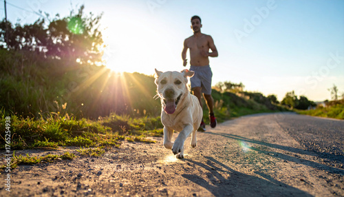 Running with Joy: A man and his loyal dog, bathed in the warmth of the sun, sprint along a scenic path, capturing a moment of pure freedom and connection.