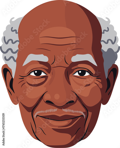 Senior African American Man Smiling Portrait Illustration with Gray Hair, Set Against a Clean White Background, Ideal for Healthcare Marketing and Business Presentation Design, Depicting Wisdom, Exper