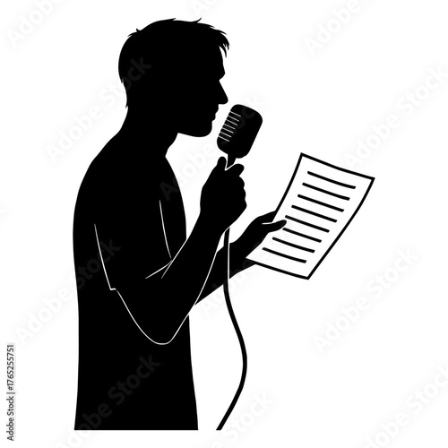 Silhouette of artist checking lyrics sheet – creative songwriting pose vector with white background 