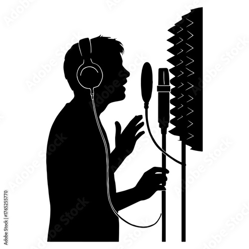 Silhouette of artist recording vocals in sound booth – studio realism vector with white background 