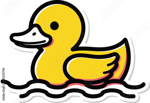 Adorable Yellow Rubber Duck Floating on Water Waves - Playful Cartoon Illustration for Kids, Summer Fun, Bathroom Decor, Baby Shower Invitations, and Educational Materials. Cheerful Design, Bright Col