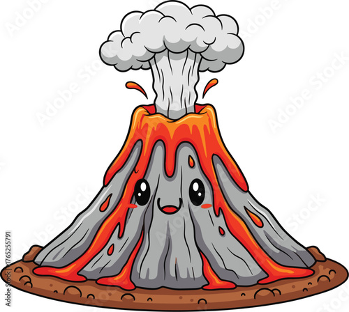 Cute Cartoon Volcano Erupting with Lava Flowing Down the Mountainside, a Whimsical Illustration for Educational Purposes, Presentations, or a Playful Design Element, Set Against a Plain Backdrop, Evok