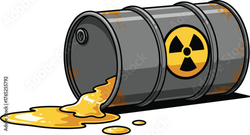 Leaking Nuclear Waste Barrel Cartoon: Spilled Radioactive Material Illustration in an Industrial Setting Depicting Environmental Hazards for Science Education and Awareness Campaigns on Toxic Pollutio