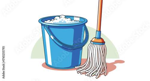 Cleaning Supplies Set: A blue bucket filled with soapy water and a mop ready for household cleanup, representing chores, hygiene, and maintenance in a home, office, or industry setting with a modern,