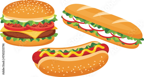 Delicious Fast Food Feast Featuring a Burger, Sub Sandwich, and Hotdog on a White Backdrop Ready for a Summer Picnic, Representing Healthy Lifestyle Choices and Culinary Delights Ideal for Restaurant