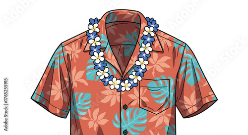 Cartoon Hawaiian Shirt with Floral Lei - Tropical Vacation Apparel for Relaxed Summer Vibe, Colorful Design for Travel Advertisement, Leisure Presentation, Tourism Marketing, Exotic Island Lifestyle,