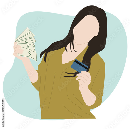 woman holding ATM and money. Young woman holding cash or money in hands.
