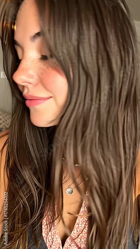 Natural Beauty Portrait of Young Woman with Freckles and Blue Eyes