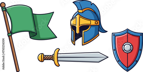 Medieval Knight Armory Set Depicting Valor and Protection, Ready for Historical Illustrations or Gaming Designs, Embodying Classic Warfare with a Green Flag, Sword, Helmet and Shield for Fantasy Narra