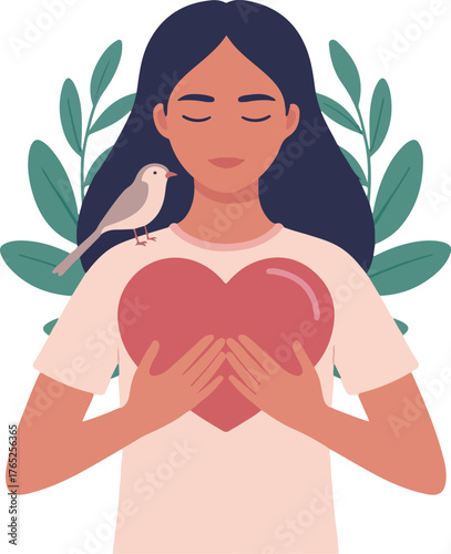 Woman Holding Heart with Bird and Leaves Wellbeing, Wellness, Mental Health, Bird, Nature, Leaves,