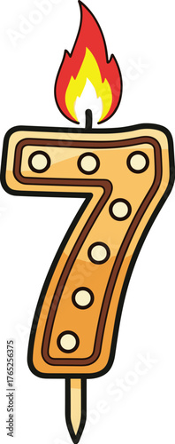 Number Seven Candle Lit for Celebration: Festive Flame Illuminating Birthday Party, Anniversary, Occasion or Event. Graphic Illustration for Holiday Invitation, Greeting Card or Kids Design. Bright Co