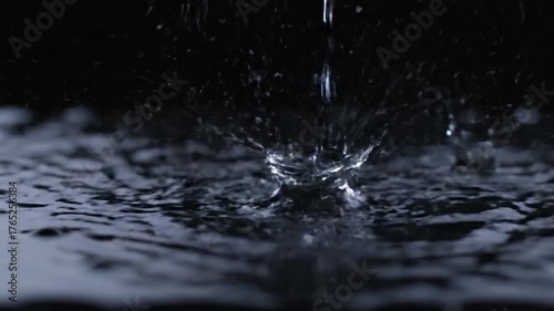 Close-up of raindrops falling into a pool of water, creating ripples and reflections in a dark scene