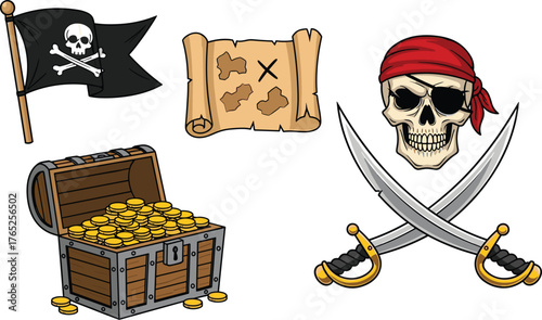 Pirate Treasure Hunt Adventure: Skull Flag, Map, Chest with Gold Coins, Swords - Nautical Adventure, Discovery, Cartoon Illustration for Children's Books, Games, Marine Exploration, Adventure Theme, F