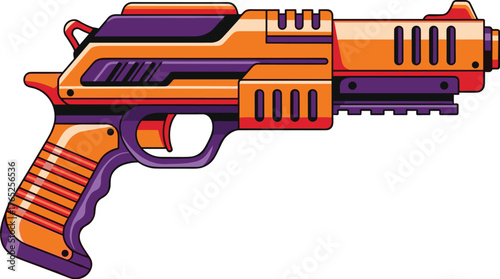 Futuristic Laser Gun Blaster Illustration Displaying Advanced Sci-Fi Technology for Gaming & Entertainment Applications, Highlighting Modern Design & Colorful Components, Useful in Presentations, Mark