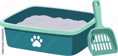 Blue Cat Litter Box with Scoop Ready for Cleaning at Home: Feline Waste Management, Pet Care, Animal Hygiene, Veterinary, Modern Design, Simple Illustration for Website, Marketing, Presentation,  Blog
