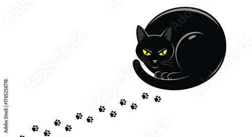 Cartoon Black Cat Curled Up, Leaving Paw Prints - Mischief and Mystery in Graphic Design and Children's Illustrations - Halloween Animal with Yellow Eyes on a White Background, Ideal for Spooky Presen