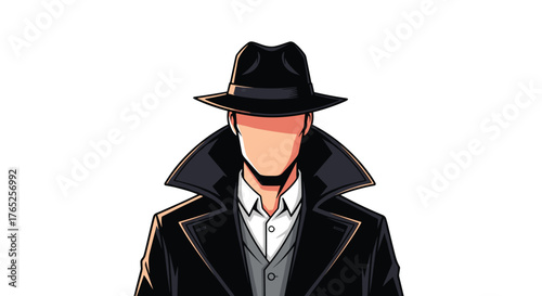 Mysterious Faceless Detective in Shadowy Trench Coat and Fedora, Investigating a Case in a Noir Setting, Evoking a Sense of Intrigue and Suspense, Perfect for Mystery Novels, Film Noir Style, Business