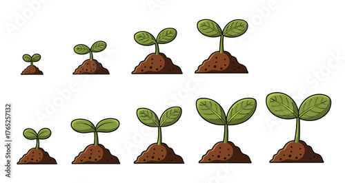 Illustration of Sprout Growth Stages in Soil Progressing from Seedling to Plant Development, Visualizing Agricultural Growth, Development, and Farming Concepts for Education, Biology, and Environmenta