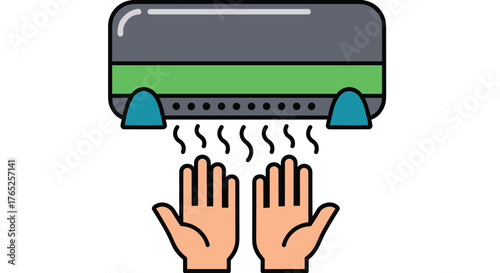 Automated Hand Dryer in Public Restroom: Drying Hands with Hygiene Technology for Cleanliness and Health, Modern Washroom Design, Preventing Germs in Healthcare & Business Settings, Vector Illustratio