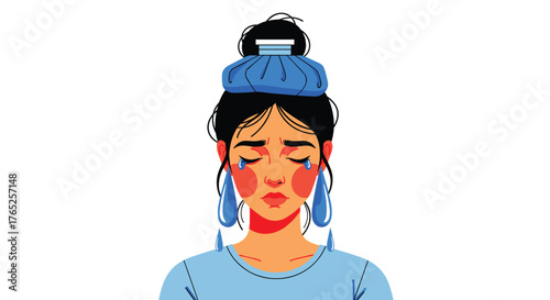 Distressed Woman with Headache Treating Pain with Ice Pack, Experiencing Illness and Emotional Stress, Healthcare Illustration for Medical Concepts and Mental Health Awareness Presentations, Modern Ca