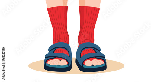 Feet in Sandals with Socks Standing on Beige Ground: Casual Illustration, Comfort and Style Concept, Cartoonish Artistic Presentation for Fashion, Humor, or Social Commentary, Bold Colors and Simplici