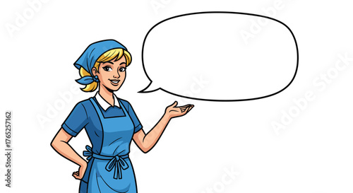 Retro Housewife Presenting a Solution with a Speech Bubble: A Cheerful Blond Woman in a Blue Dress Explaining a Concept, Isolated on White, Suitable for Marketing, Advertising, and Presentations. Clas