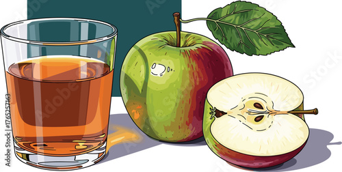 Fresh Apple Juice Still Life: Green and Red Apples with a Glass of Juice Illustration for Healthy Lifestyle Marketing, Recipe Presentation, or Nutrition Education Material with Vibrant Colors and Cris