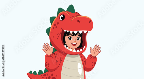 Enthusiastic Girl in a Red Dinosaur Costume Waving Hello Against Pale Blue Backdrop, Embracing Imagination and Playfulness for Children's Entertainment, Educational Material, Animation Project, Youth