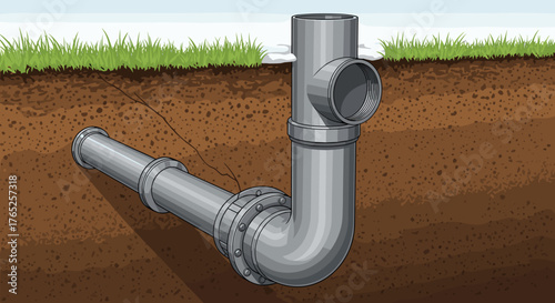 Underground Pipeline Infrastructure Installation - Cutaway View Illustrating Plumbing System Below Ground Level with Piping, T-Joints in Brown Soil with Grass, Perfect for Engineering Schematics, Cons