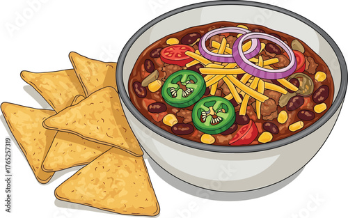 Delicious Chili Bowl with Tortilla Chips Illustration: Hearty Comfort Food, Garnished with Jalapeños, Cheese, and Onions, Served with Crispy Corn Chips for a Southwestern Cuisine Experience at Home, P