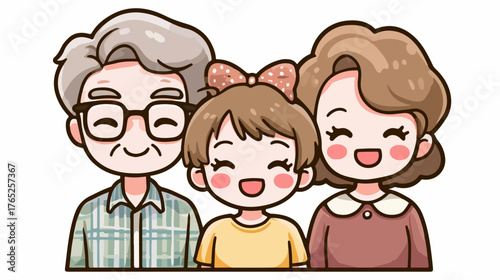 Familia feliz de abuelos y nieta sonriendo juntos en ilustración vectorial de estilo caricaturesco