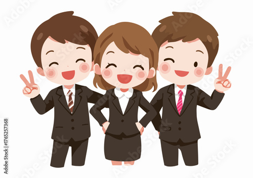 Tres colegas sonriendo y haciendo el signo de la paz, celebrando el éxito en un entorno profesional.