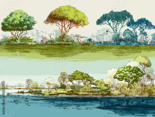 Hermosos paisajes naturales con árboles frondosos y vegetación exuberante junto a cuerpos de agua.