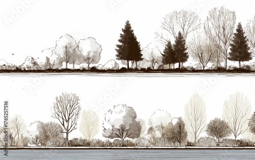 Ilustración vectorial de un paisaje natural con árboles y follaje en tonos tierra y sepia.