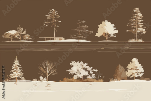 Colección de ilustraciones vectoriales de diferentes tipos de árboles y vegetación sobre fondos marrones.