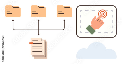 Organized file folders connected, stacked documents, touchscreen interaction, and cloud graphic. Ideal for data storage, cloud computing, digital organization, workflow, navigation teamwork simple
