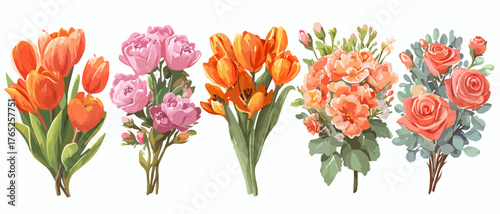 Cinco ramos de flores vibrantes y coloridas, incluyendo tulipanes y rosas, sobre fondo blanco.