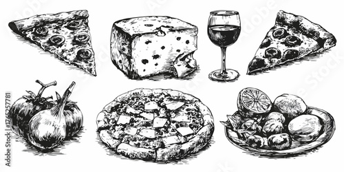 Ilustración vectorial de comida italiana con pizza, queso, vino y verduras frescas.