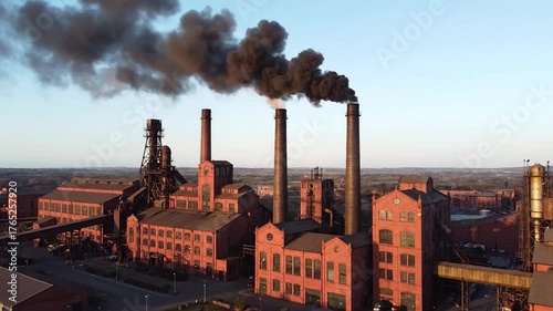 Aerial view of a historic industrial complex with brick buildings and tall smokestacks emitting pollution